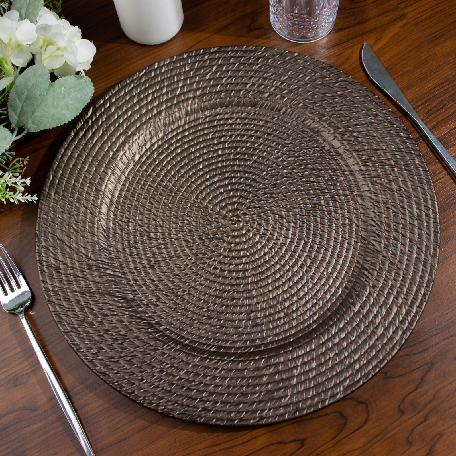 12-Pack Acrylic Charger Plates 13" Round Natural Brown with Rattan-Like Design - Farmhouse Disposable Plastic Charger Tableware - Image 7