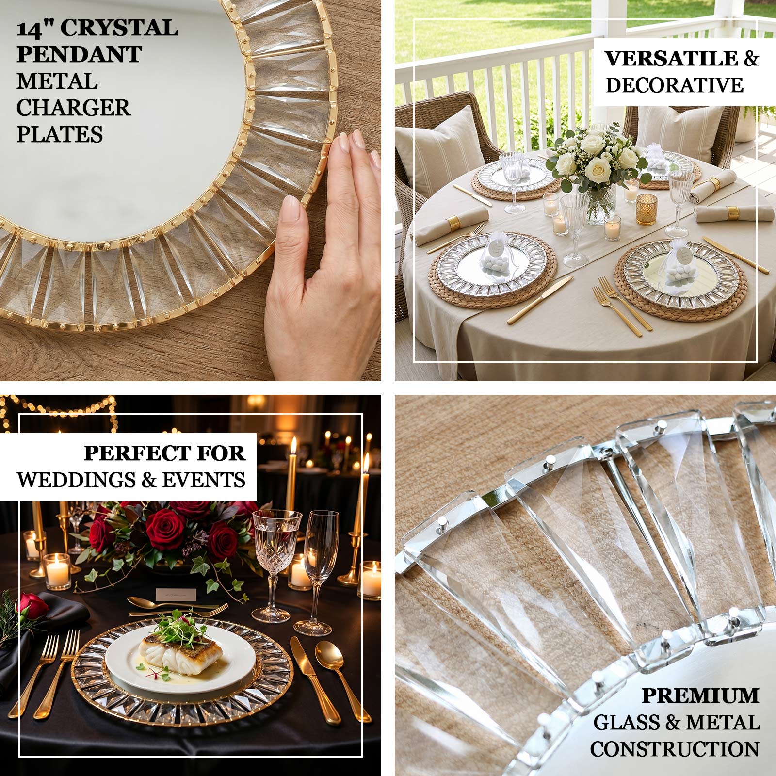 2 Pack Crystal Pendant Metal Charger Plates – 14" Round Gold Mirror Glass Decorative Table Chargers - Image 10