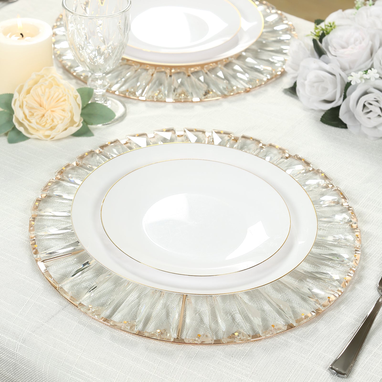 2 Pack Crystal Pendant Metal Charger Plates – 14" Round Gold Mirror Glass Decorative Table Chargers - Image 6