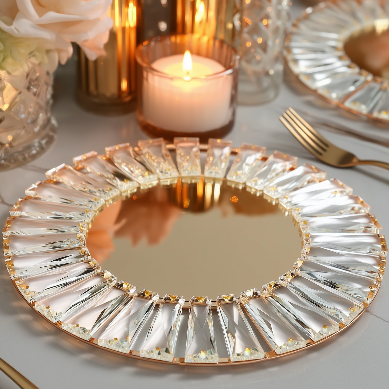 2 Pack Crystal Pendant Metal Charger Plates – 14" Round Gold Mirror Glass Decorative Table Chargers - Image 7