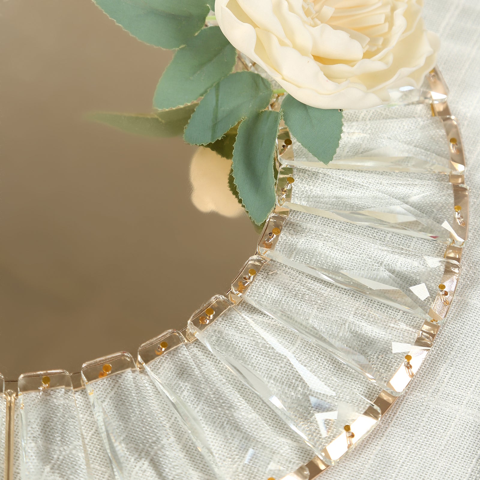 2 Pack Crystal Pendant Metal Charger Plates – 14" Round Gold Mirror Glass Decorative Table Chargers - Image 5