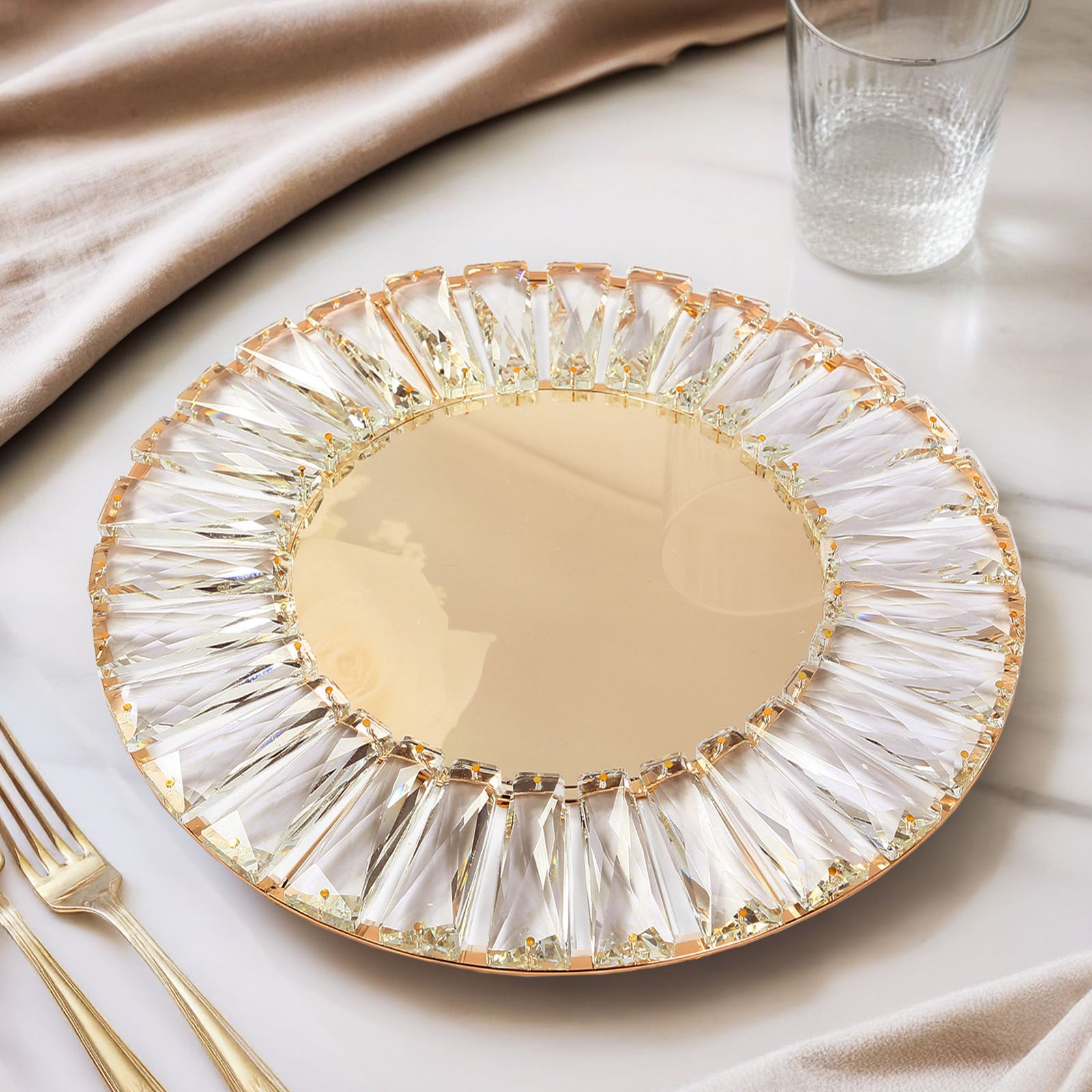2 Pack Crystal Pendant Metal Charger Plates – 14" Round Gold Mirror Glass Decorative Table Chargers