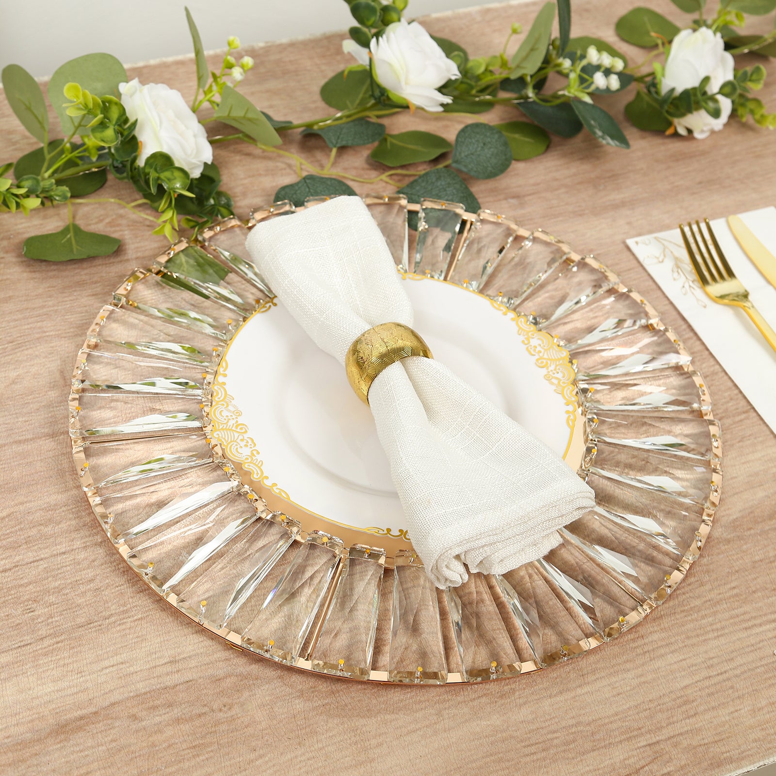 2 Pack Crystal Pendant Metal Charger Plates – 14" Round Gold Mirror Glass Decorative Table Chargers - Image 9