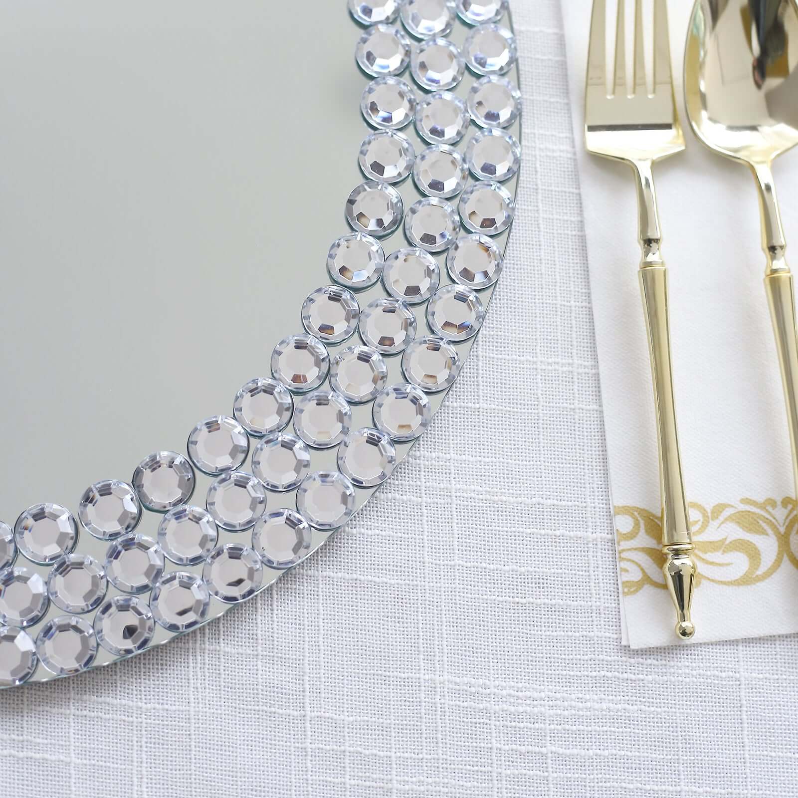 2-Pack Mirror Glass Charger Plates 13", Round Silver Mirror Diamond Beaded Rim - Upscale Decorative Chargers - Image 8