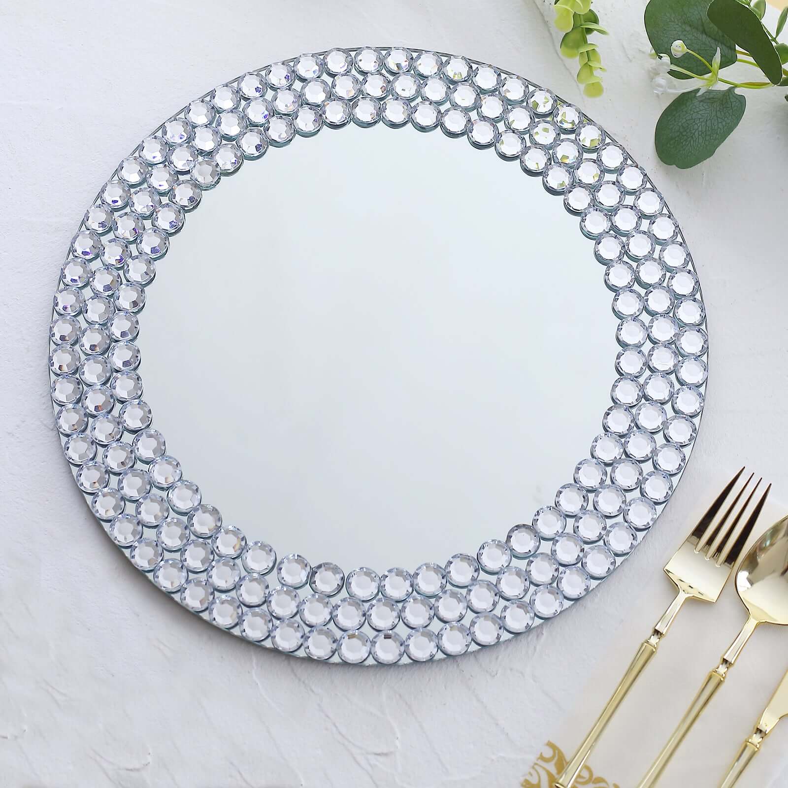 2-Pack Mirror Glass Charger Plates 13", Round Silver Mirror Diamond Beaded Rim - Upscale Decorative Chargers - Image 6